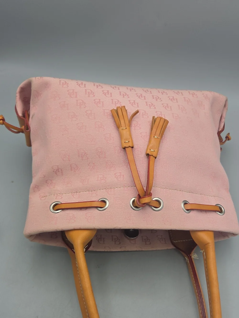 Dooney Bourke DB Monogram Drawstring Tote Canvas Leather Tassel Pink